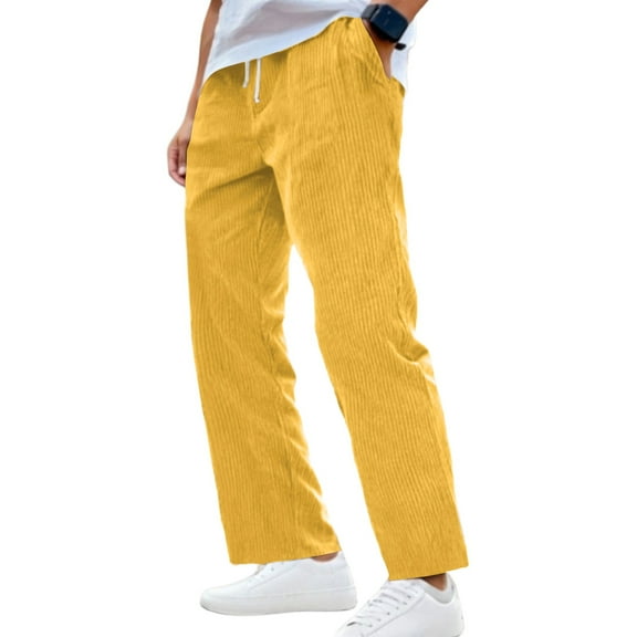 Resicozy Mens Corduroy Straight Leg Pants Long Solid Elastic Waist Casual Vintage Pants Loose Fit Going Out Pants with Pockets Yellow M