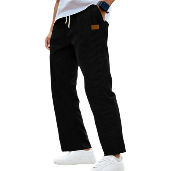 Resicozy Mens Corduroy Straight Leg Pants Long Solid Elastic Waist Casual Vintage Pants Loose Fit Going Out Pant with Pockets Black M