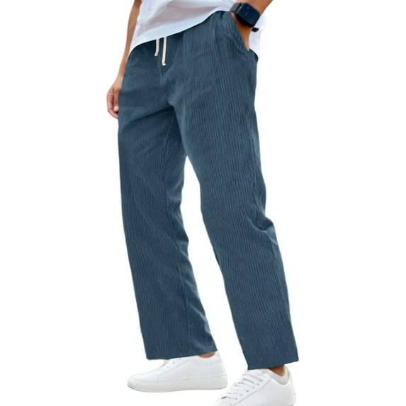 Resicozy Mens Corduroy Straight Leg Pants Long Solid Elastic Waist Casual Vintage Pants Loose Fit Going Out Pants with Pockets Navy XL
