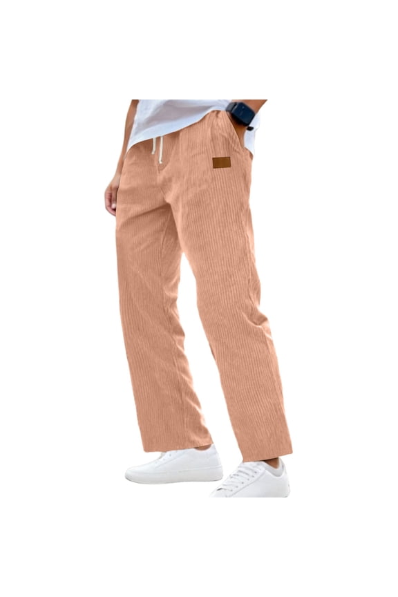 Mens Corduroy Straight Leg Pants Long Solid Elastic Waist Casual Vintage Pants Loose Fit Going Out Pant with Pockets Pink L