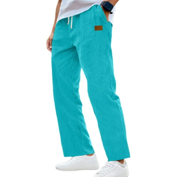 Resicozy Mens Corduroy Straight Leg Pants Long Solid Elastic Waist Casual Vintage Pants Loose Fit Going Out Pant with Pockets Sky Blue 2XL