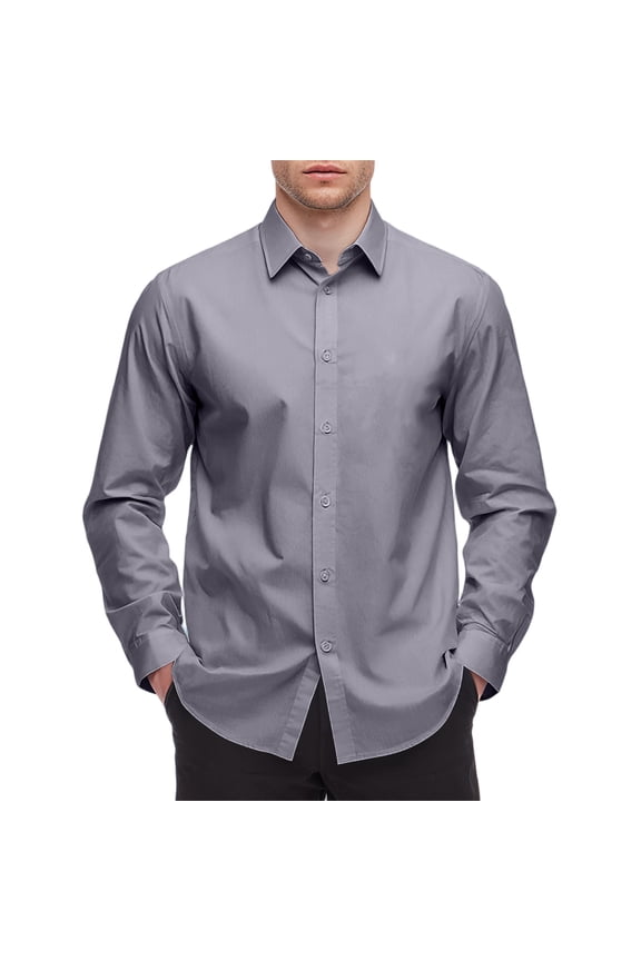 Mens Dressy Shirts Long Sleeve Button Down Blouses Classic Solid Color Wrinkle-Free Formal Office Tops Shirt Gray XL