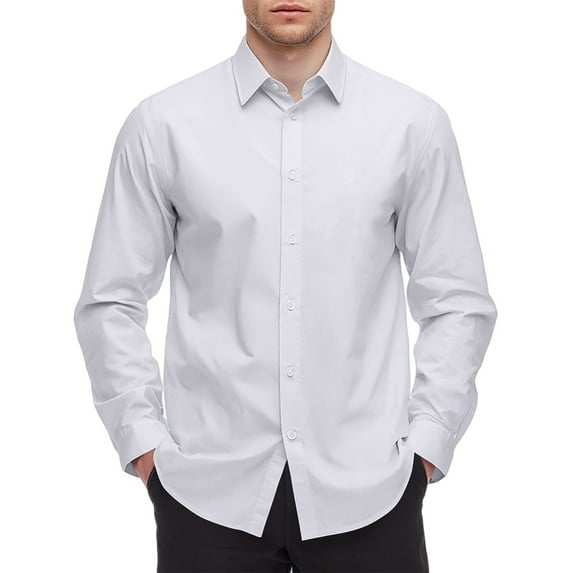 Resicozy Mens Dressy Shirts Long Sleeve Button Down Blouses Classic Solid Color Wrinkle-Free Formal Office Tops Shirt White L