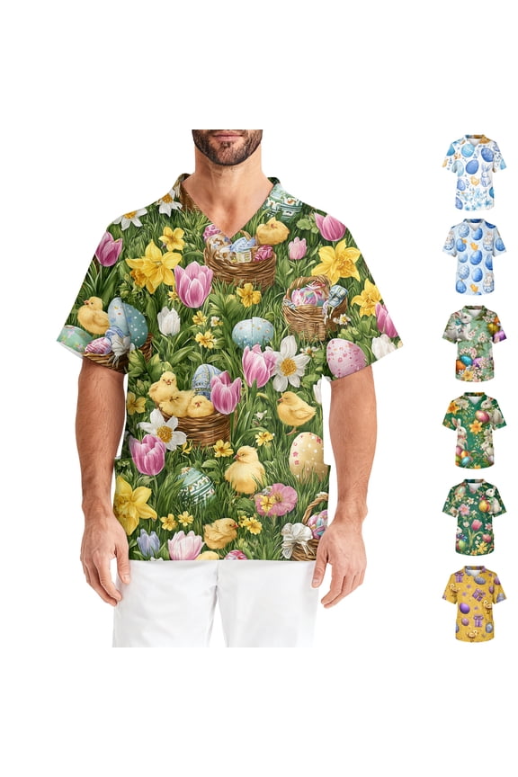 Mens Easter Scrub Tops Bunny Egg Printed Scrubs Short Sleeve Holiday Working Uniform with Pockets Gold 5XL