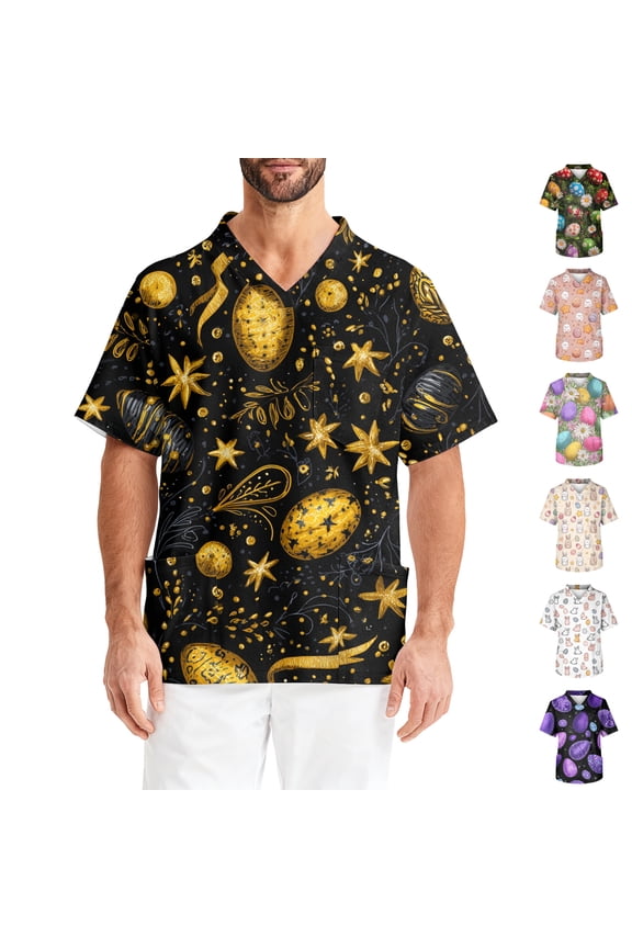 Mens Easter Scrub Tops Bunny Egg Printed Scrubs Short Sleeve V Neck Holiday Working Uniform with Pockets Light Green S
