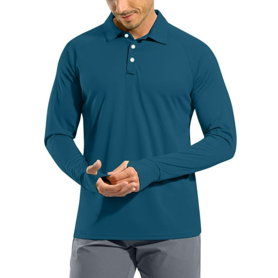 Resicozy Mens Fashion Polo Shirts Classic Long Sleeve Quick Dry Basic Button Tees Stylish Tops Golf Shirt Blue M