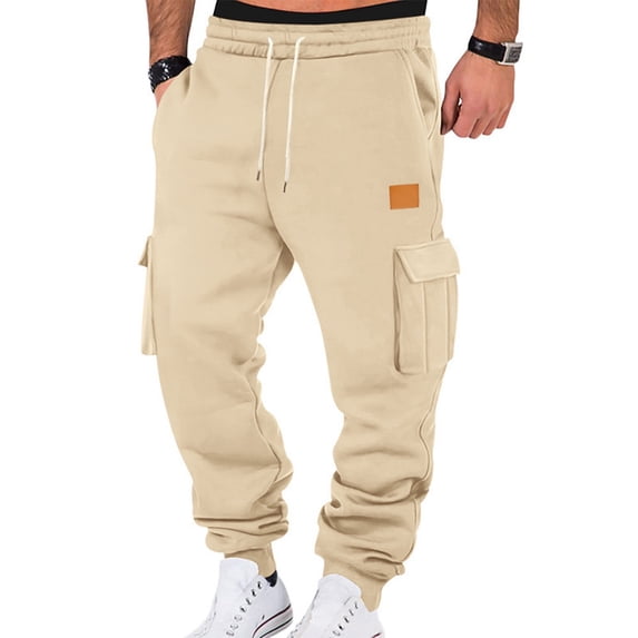 Resicozy Mens Fleece Cargo Sweatpants Casual Cotton Tapered Drawstring Athletic Workout Joggers Sweat Pants with Pockets Beige 2XL
