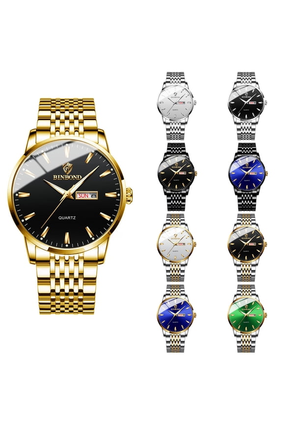 Mens Gold Watches Stainless Lightweight Watch with Date Classic Watch Gold White Blue Black Dial Blue with Silver and Gold Band