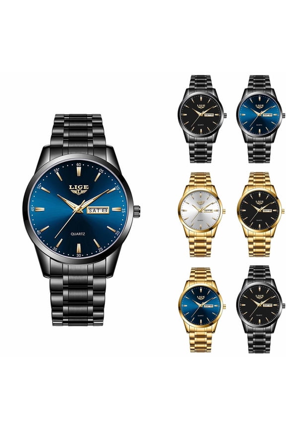 Mens Gold Watches Stainless Lightweight Watch with Date Classic Watch Gold White Blue Green Dial Blue and Black#1