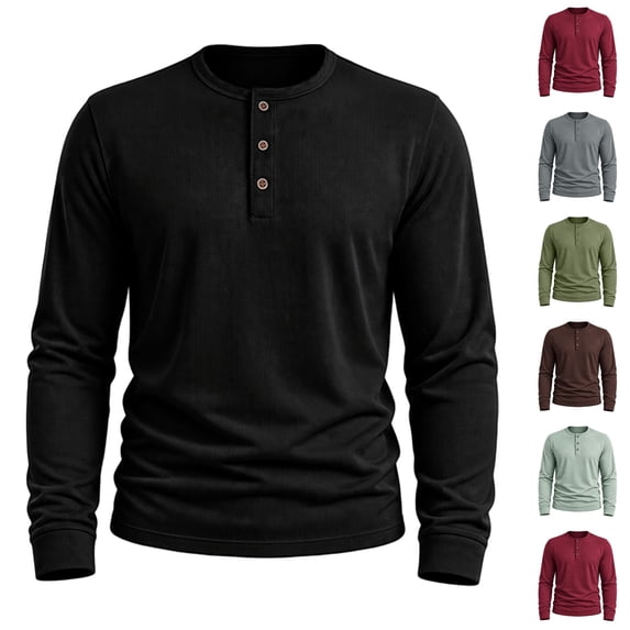 Resicozy Mens Henley Shirts Long Sleeve Casual T-Shirt Basic Lightweight Pullover Tees Black XL