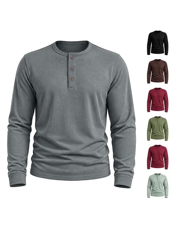 Mens Henley Shirts Long Sleeve Casual T-Shirt Basic Lightweight Pullover Tees Gray 2XL