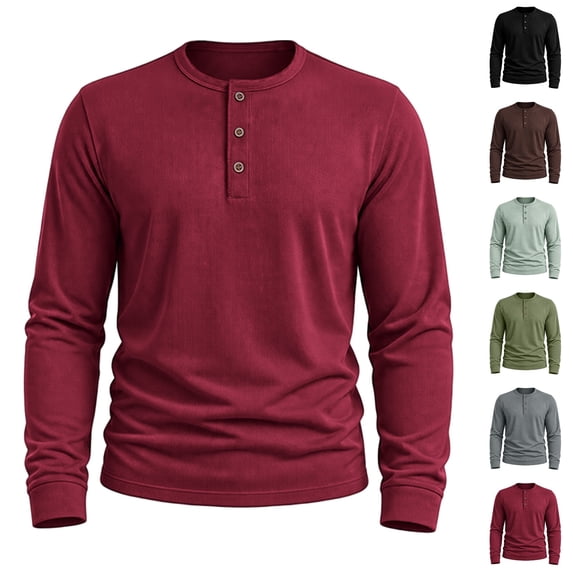 Resicozy Mens Henley Shirts Long Sleeve Casual T-Shirt Basic Lightweight Pullover Tees Red L