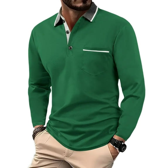 Resicozy Mens Long Sleeve Polo Shirts Classic Casual Button Solid Color Lightweight Collared Golf Shirt with Pockets Green XL