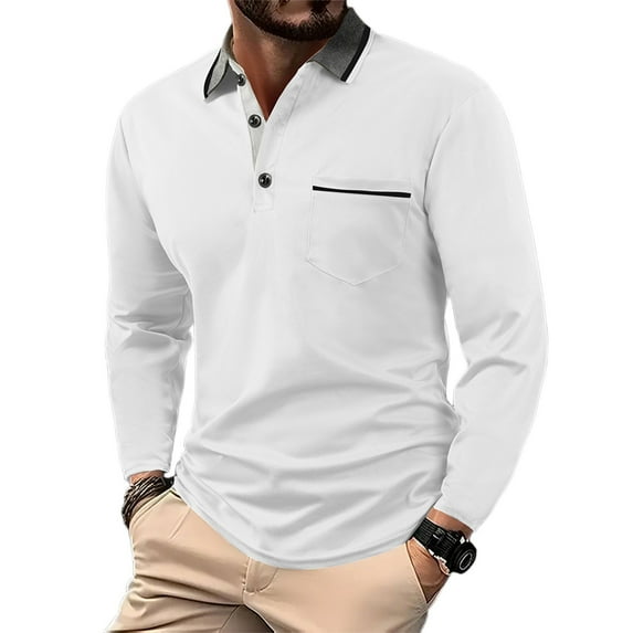 Resicozy Mens Long Sleeve Polo Shirts Classic Casual Button Solid Color Lightweight Collared Golf Shirt with Pockets White 2XL