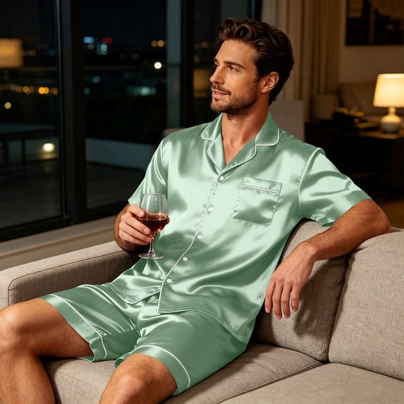 Resicozy Mens Pajamas Set Short Sleeve Button Shirts Shorts Pajamas Short Sleepwear Elegant Lounge Summer Pjs Sets Mint Green S