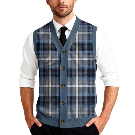 Resicozy Mens Plaid Sweater Vests V-Neck Sleeveless Fashion Casual Cardigan Vest Fall Winter Tank Top Navy L