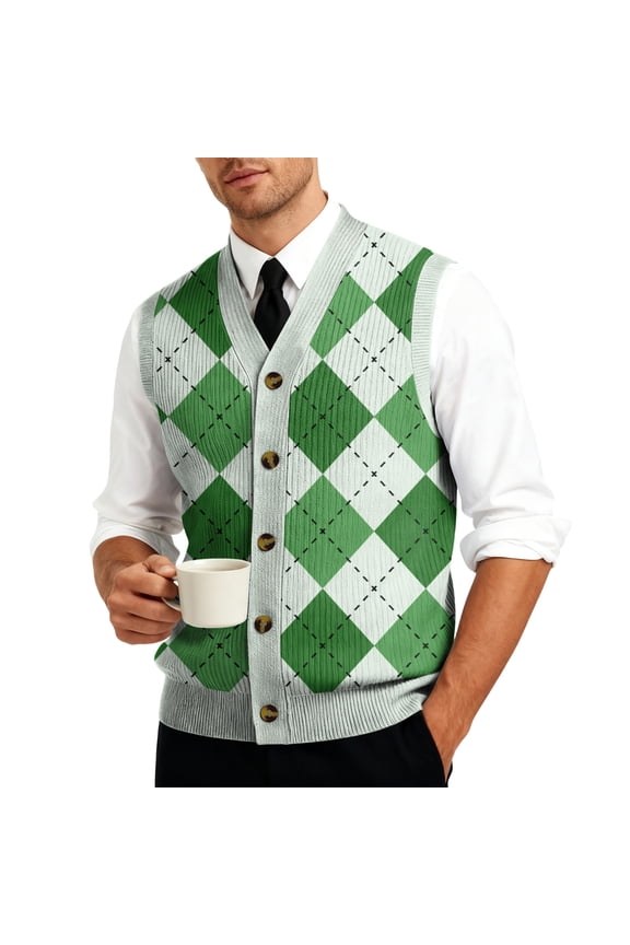 Mens Plaid Vest V Neck Sleeveless Casual Slim Fit Button Down Pullover Knitted Sweater Green 3XL