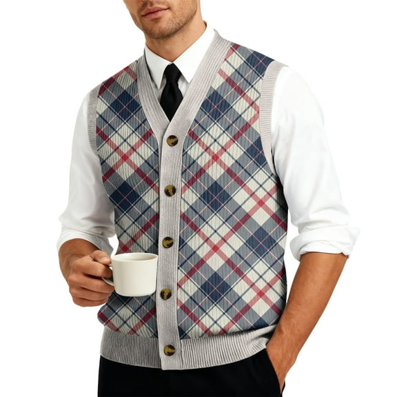 Resicozy Mens Plaid Vest V-Neck Sleeveless Casual Slim Fit Button Down Pullover Knitted Sweater Light Gray L