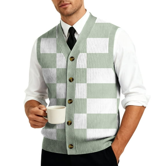 Resicozy Mens Plaid Vest V Neck Sleeveless Casual Slim Fit Button Down Pullover Knitted Sweater Light Green L