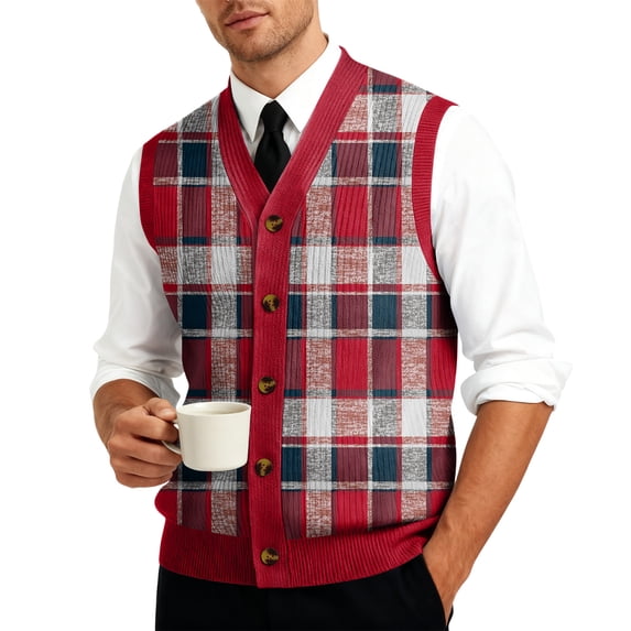Resicozy Mens Plaid Vest V-Neck Sleeveless Casual Slim Fit Button Down Pullover Knitted Sweater Red L