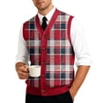 thumbnail image 1 of Resicozy Mens Plaid Vest V-Neck Sleeveless Casual Slim Fit Button Down Pullover Knitted Sweater Red S, 1 of 6