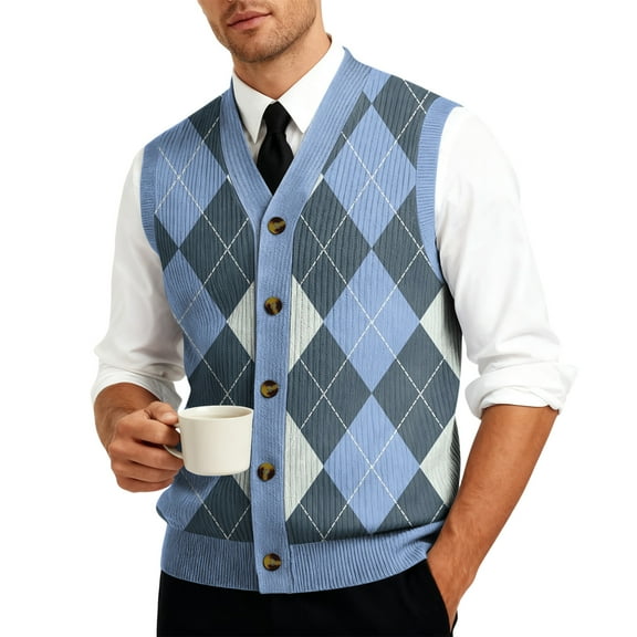 Resicozy Mens Plaid Vest V Neck Sleeveless Casual Slim Fit Button Down Pullover Knitted Sweater Sky Blue L