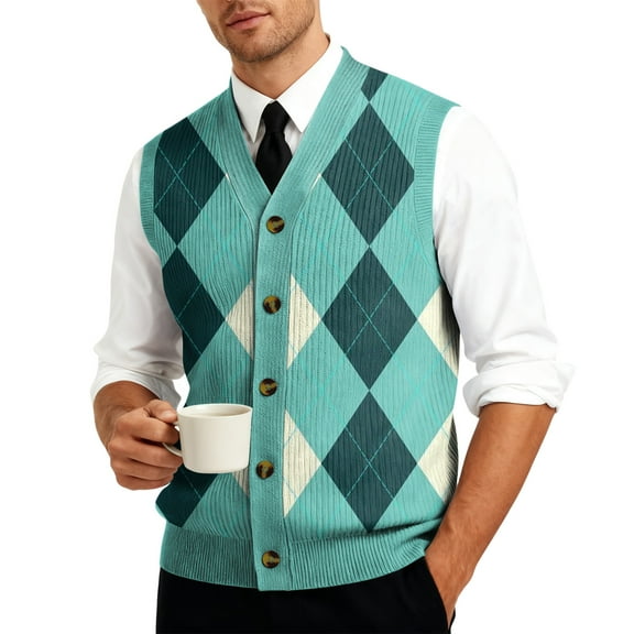 Resicozy Mens Plaid Vest V-Neck Sleeveless Casual Slim Fit Button Down Pullover Knitted Sweater Turquoise 2XL