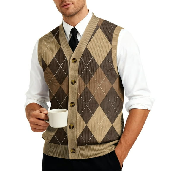 Resicozy Mens Plaid Vest V-Neck Sleeveless Casual Slim Fit Button Down Pullover Knitted Sweaters Coffee 2XL