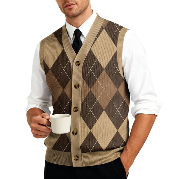 Resicozy Mens Plaid Vest V-Neck Sleeveless Casual Slim Fit Button Down Pullover Knitted Sweaters Coffee 5XL