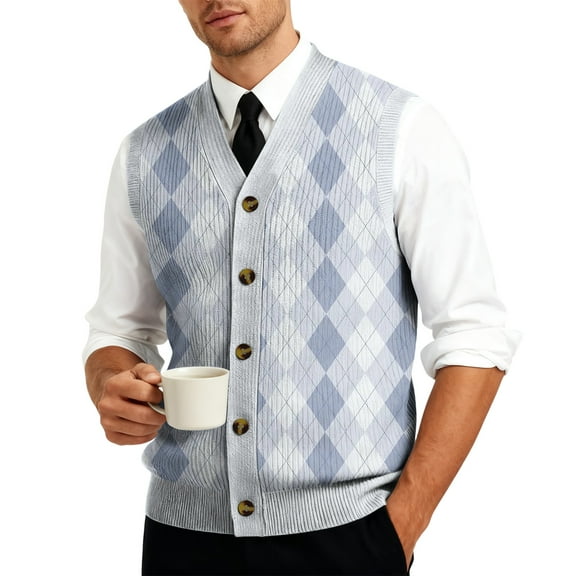 Resicozy Mens Plaid Vest V-Neck Sleeveless Casual Slim Fit Button Down Pullover Knitted Sweaters Light Blue L