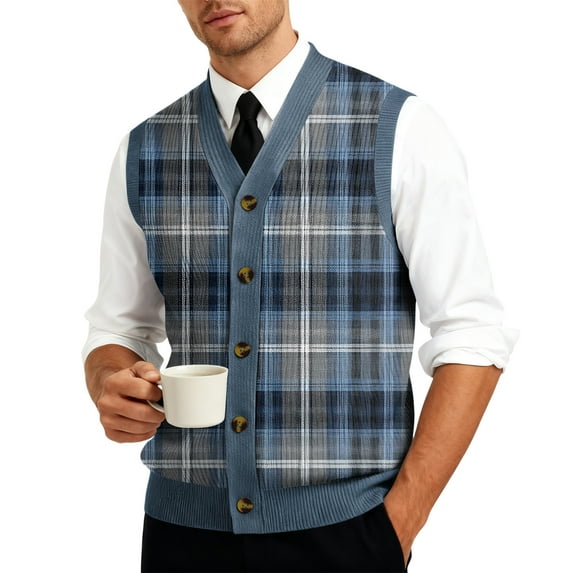 Resicozy Mens Plaid Vest V-Neck Sleeveless Casual Slim Fit Button Down Pullover Knitted Sweaters Navy 5XL