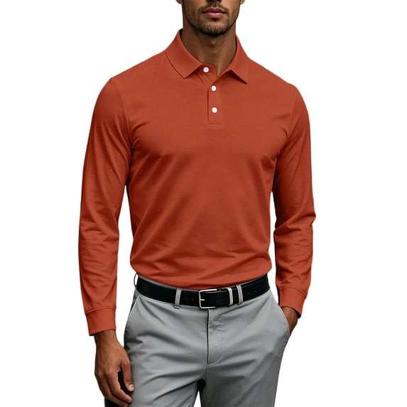 Resicozy Mens Polo Shirt Long Sleeve Athletic Solid Color Collar Golf Shrit Saffron 3XL