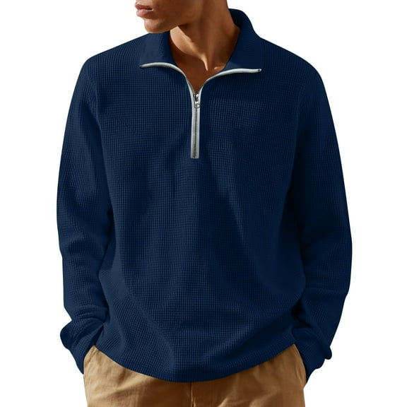Resicozy Mens Quarter Zip Pullover Slim Fit Lightweight Solid Color Sweater Casual Mock Neck Sweater Dark Blue XL