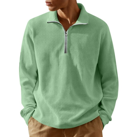 Resicozy Mens Quarter Zip Pullover Slim Fit Lightweight Solid Color Sweater Casual Mock Neck Sweater Light Green 2XL