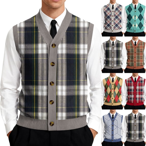 Resicozy Mens Sweater Vests Classic V Neck Button Down Plaid Sleeveless Pullover Autumn Winter Warm Tank Tops Red L
