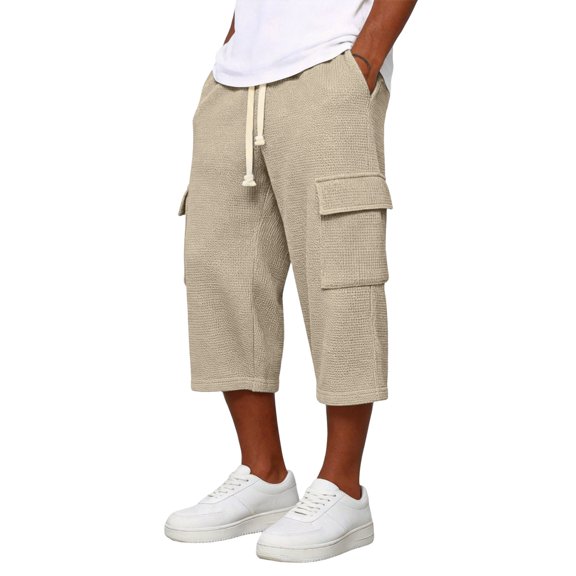 Resicozy Mens Waffle Cargo Pants Elastic Drawstring Casual Solid Color 3/4 Capri Shorts with Pockets 2026 Khaki M