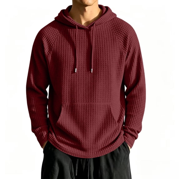 Resicozy Mens Waffle Hoodies Pullover Long Sleeve Casual Fashion Sweatshirts Gym Hooded Shirt with Pocket Wine 4XL