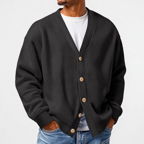 Resicozy Mens Waffle Knit Loose Casual Layer Style Sweater Button Down Relaxed Cardigan Easy Fall Sweater Black XL