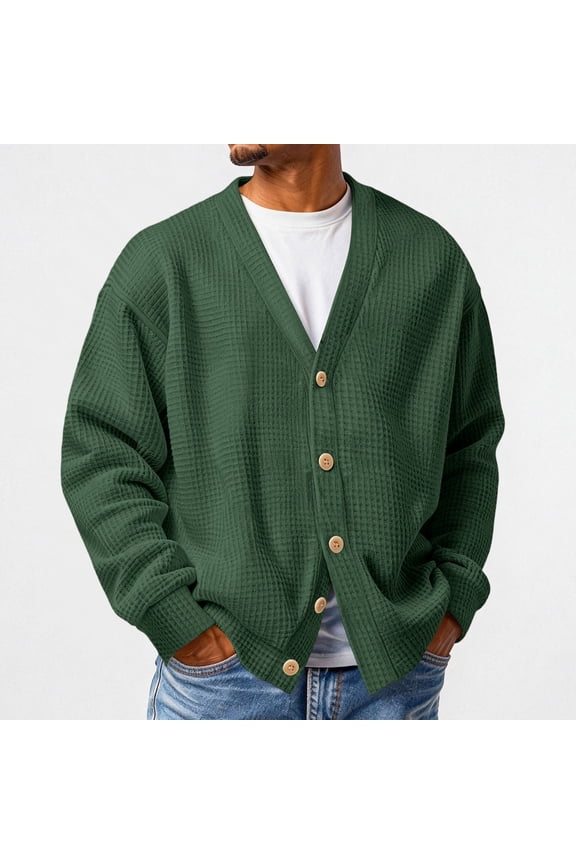 Mens Waffle Knit Loose Casual Layer Style Sweater Button Down Relaxed Cardigan Easy Fall Sweater Dark Green S