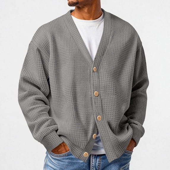 Resicozy Mens Waffle Knit Loose Casual Layer Style Sweater Button Down Relaxed Cardigan Easy Fall Sweater Gray 2XL