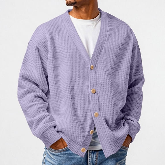 Resicozy Mens Waffle Knit Loose Casual Layer Style Sweater Button Down Relaxed Cardigan Easy Fall Sweater Purple XL