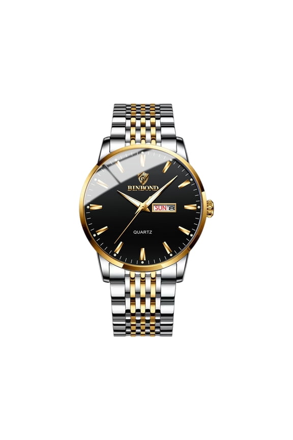 Mens Watch Men’s Quartz Watch Stainless with Date Window for Business Work Sport Casual Elegant Gifts Black with Silver and Gold Band