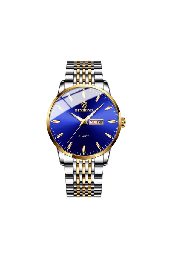 Mens Watch Men’s Quartz Watch Stainless with Date Window for Business Work Sport Casual Elegant Gifts Blue with Silver and Gold Band