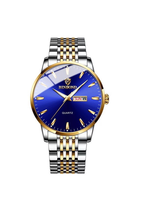 Mens Watch Quartz Stainless Dressy Watches Classic Casual Wrist Watch Large Face with Date Blue with Silver and Gold Band
