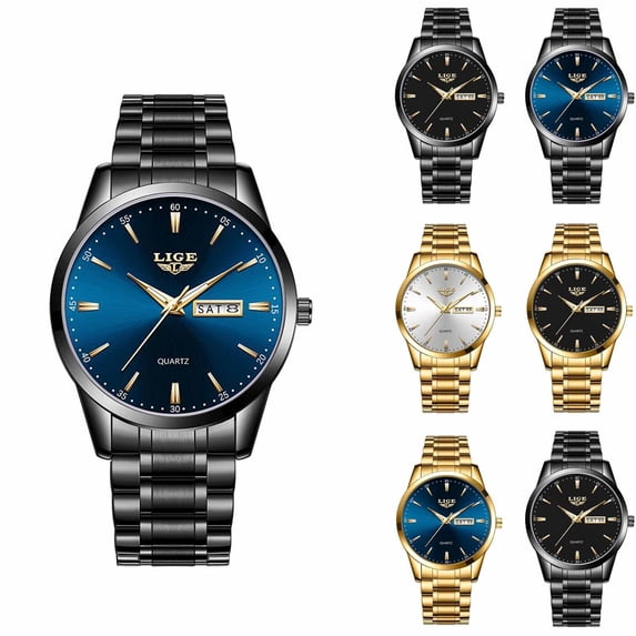 Resicozy Mens Watches Business Quartz Watch Stainless Display Date Casual Classic Round Watch Gold Blue