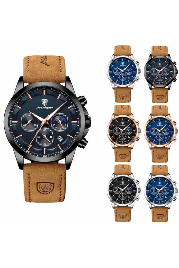 Mens Watches Quartz Chronograph Wrist Watches Fashion Leather Strap Business Work Casual Sport Dress Watch with Calendar Gold Blue