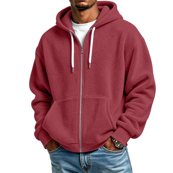 Resicozy Mens Zip Up Hoodies Long Sleeve Solid Color Hooded Sweatshirts Casual Fall Winter Track Jackets Wine S