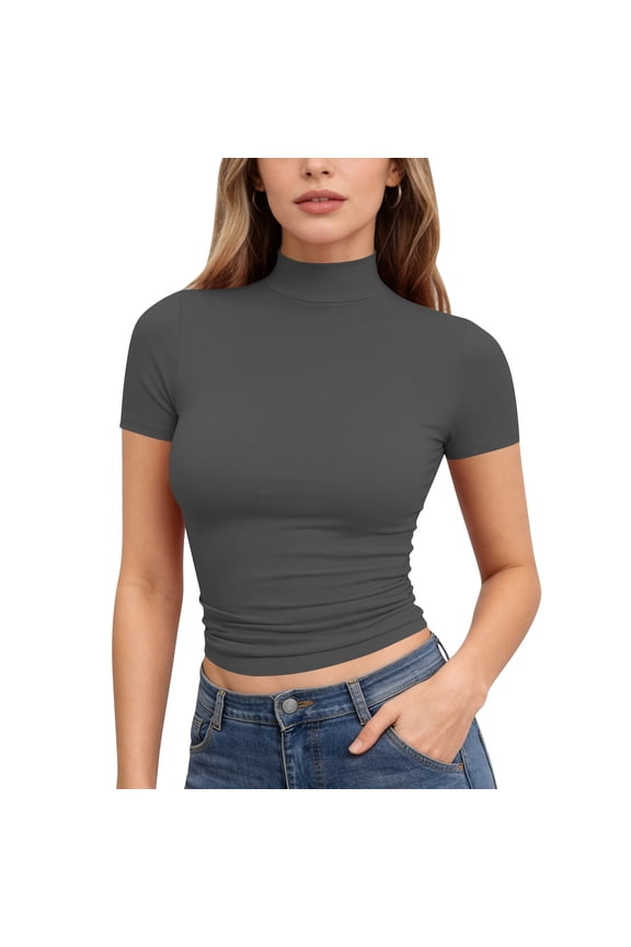 Mock Neck Shirts for Women Short Sleeve Turtleneck Tops Slim Fitted Dressy Casual Tees Summer Basic Tees 2026 Dark Gray S
