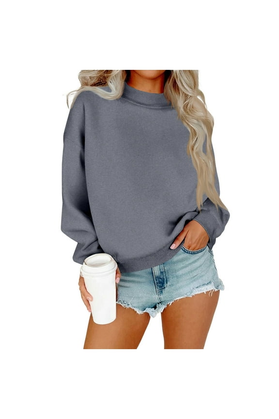 Mock Neck Sweatshirt Women Cute Plain Pullover Sweatshirts Casual Fall Long Sleeve Trendy Tops Dark Gray L