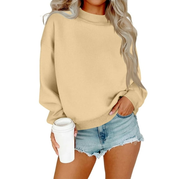 Resicozy Mock Neck Sweatshirt Women Cute Plain Pullover Sweatshirts Casual Fall Long Sleeve Trendy Tops Khaki 2XL